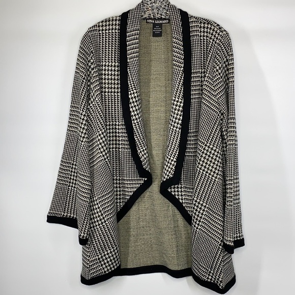 Nina Leonard Black & White Houndstooth Open Front Cardigan Sweater Size Small - Picture 1 of 4